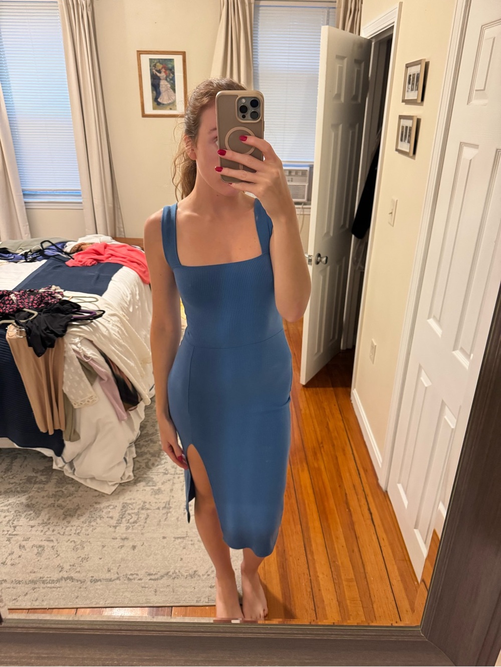Reformation Blue Square-Neck Ribbed Midi Dress with Side Slit